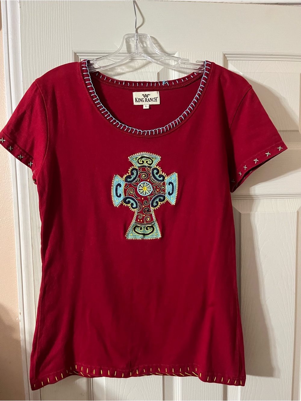 King Ranch Women's Red Embroidered Cross Short Sleeve Tee